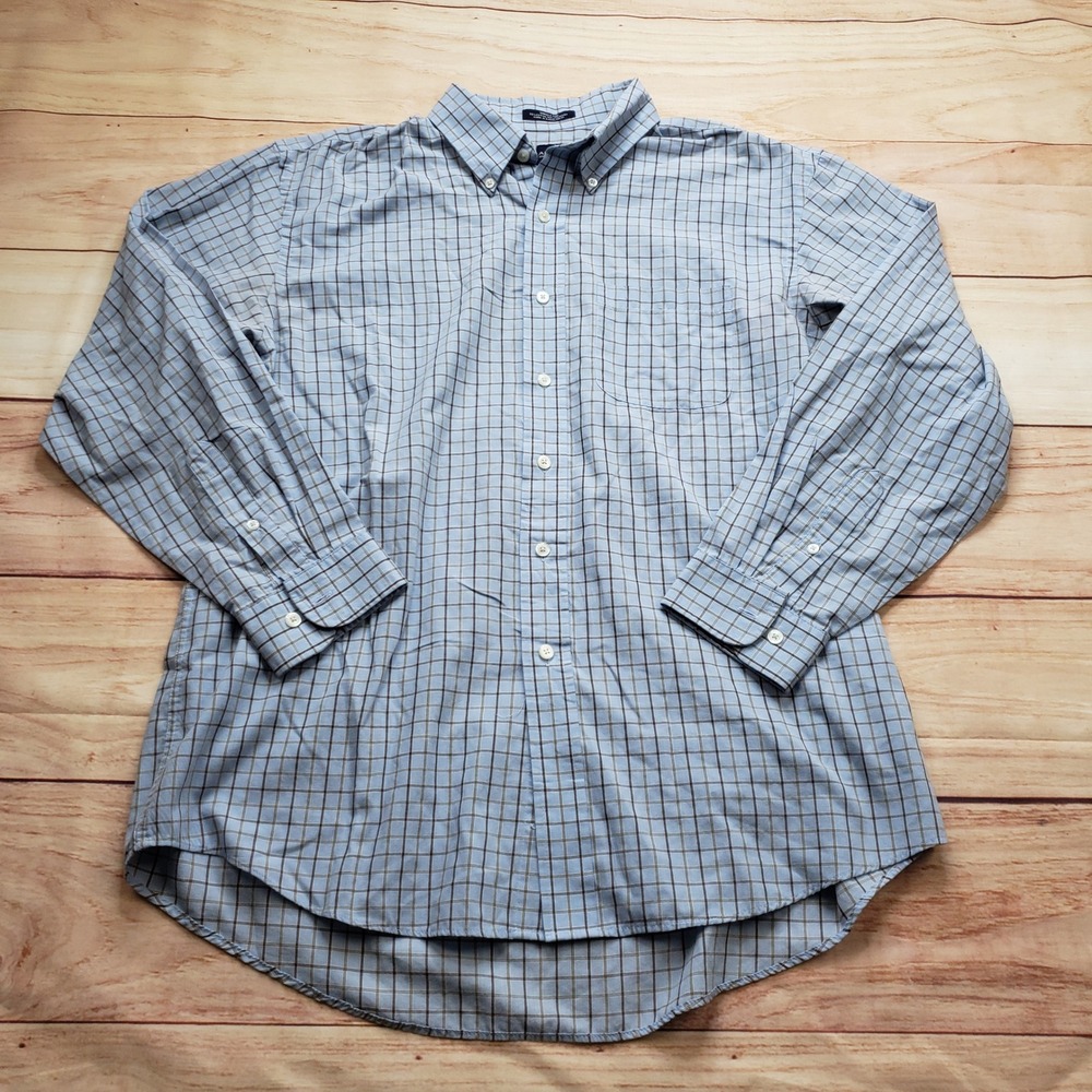 Arrow Button Down Dress Shirt Mens Large 16-16.5 Blue Brown Grid Wrinkle Free